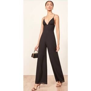 Reformation Black V-Neck Fresca Night Out Wide Straight‎ Leg Jumpsuit Size 4